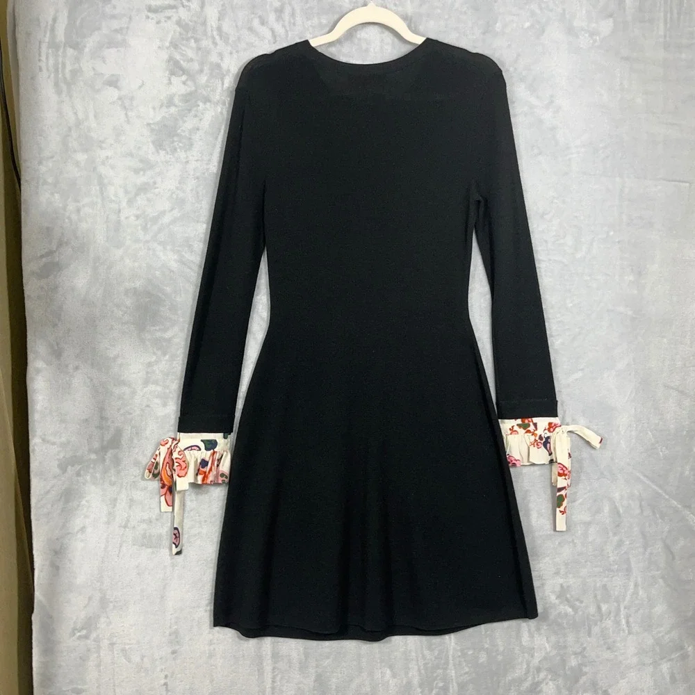 Tory Burch Womens Midi Sweater Dress M Black Merino Wool Silk Ruffle Cuff Luxury